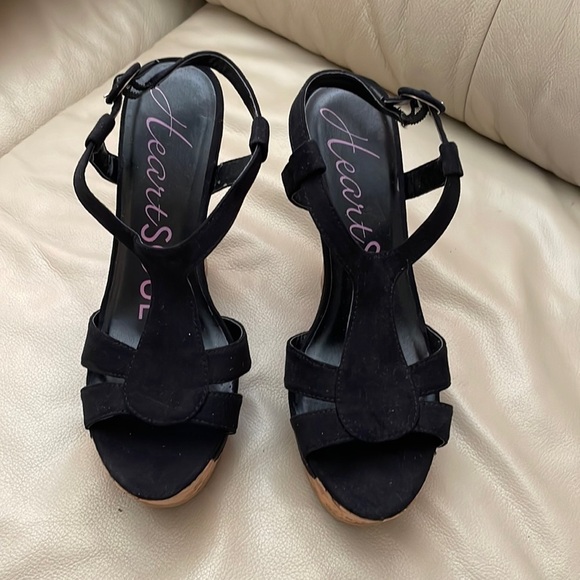 Heart Soul Platform Strappy Wedge Size 8 Black - Picture 1 of 5